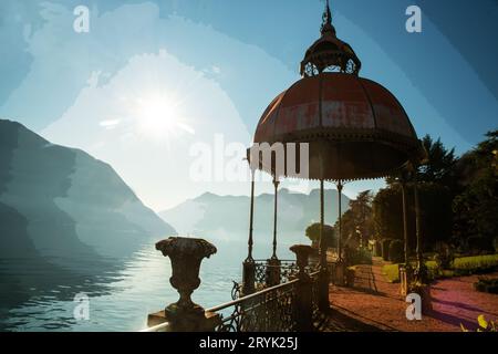 Vista idilliaca su un parco (vicino ad alcune ville?) Sul lago di Como (Italia settentrionale). Grado delle montagne (Alpi italiane) in lontananza. il sole splende e Foto Stock