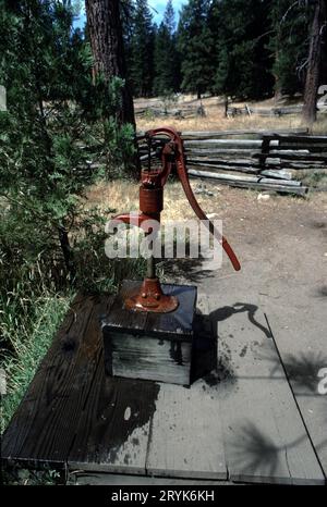 Pioneer Yosemite History Center. Parco nazionale di Yosemite, CA. USA. 1985. Pompa dell'acqua d'epoca. Torna indietro nel tempo alla storia pionieristica di Yosemite dei carri trainati da cavalli, un ponte coperto e delle cabine rustiche. Lo Yosemite History Center è una collezione di edifici storici dove i cartelli interpretativi all'aperto raccontano le storie di persone che si sono trasferite qui da tutto il mondo e hanno plasmato lo sviluppo del parco. Durante l'estate, visita le mostre all'interno della lavanderia cinese e dell'ufficio del sovrintendente, fai un giro sul nostro carro trainato da cavalli o guarda i fabbri forgiare strumenti di ferro su una fucina di carbone! Foto Stock