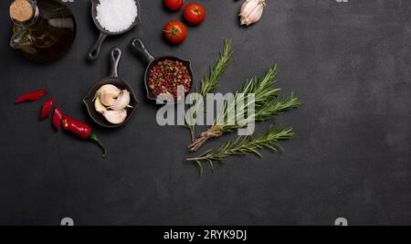Padelle in miniatura con spezie, sale, pepe nero e pepe fragrante, un rametto di rosmarino su un tavolo nero. Spezie per cucinare Foto Stock