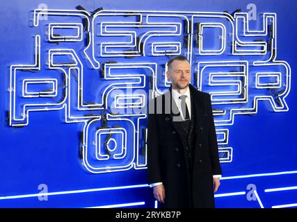 Simon Pegg partecipa alla prima europea di "Ready Player One" al Vue West End di Londra, in Inghilterra. Foto Stock