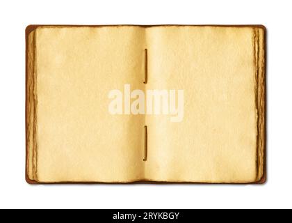 Vecchio libro medievale aperto con pagine di pergamena usurate. Isolato su sfondo bianco Foto Stock