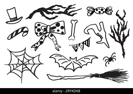 Simboli tradizionali di Halloween disegnati a mano. Illustrazioni in stile Doodle: ragnatele, scopa, pistrello, arco, stivale, grim reaper, ramo nero. Vettore isolato o Illustrazione Vettoriale