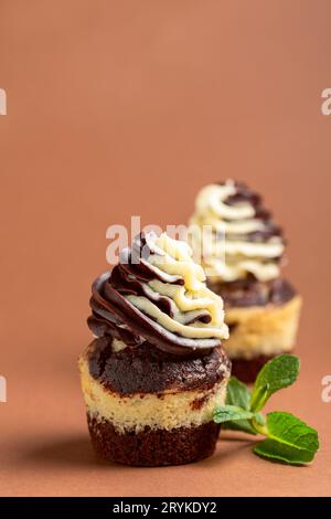 Cupcake di marmo con crema alla vaniglia al cioccolato. Foto Stock