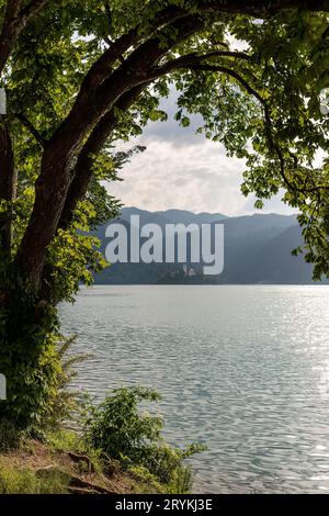 Vista dal lago di Bled nelle alpi slovene Foto Stock