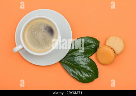 Tazza di caffè e deliziosi macaron con foglie verdi Foto Stock