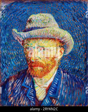 Autoritratto di Vincent van Gogh con cappello in feltro grigio, famoso dipinto. Foto Stock