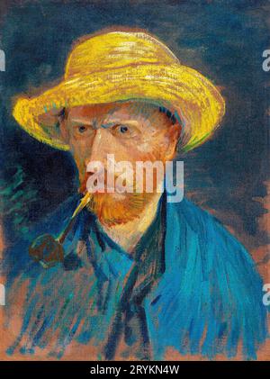 Autoritratto di Vincent van Gogh con cappello di paglia e famoso dipinto a pipa. Foto Stock