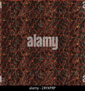 Carboni caldi macinati. Pericolo di calore terreno- illustrazione 3d eruzione di fiamma. Carbone bruciato - superficie incrinata. Schema natura astratto - flam sbiadito bagliore Foto Stock