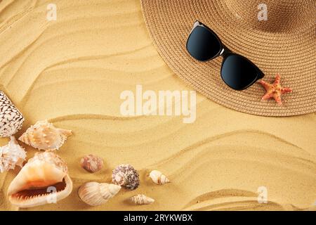 Concetto di vacanza estiva. Cappello di paglia, occhiali da sole e conchiglie sulla spiaggia di sabbia con spazio per copiare i testi Foto Stock
