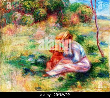 Donna e bambino nell'erba di Pierre Auguste Renoir Foto Stock