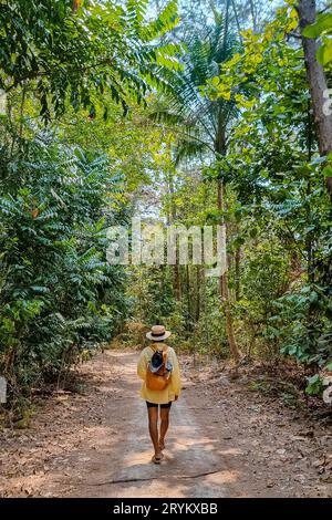 Donne asiatiche con un cappello che camminano nella foresta pluviale, camminano nella giungla in Thailandia a Krabi Foto Stock