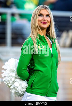 Settembre 30 2023 Palo alto, CA USA, cheerleader degli Oregon Ducks durante la partita di football NCAA tra gli Oregon Ducks e gli Stanford Cardinal.Oregon batte lo Stanford 42-6 allo Stanford Stadium Palo alto, CA Thurman James/CSM Foto Stock