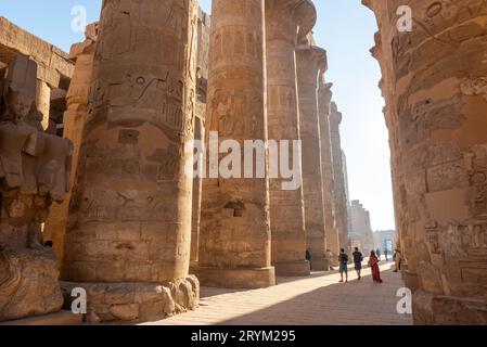 Colonne ricoperte di geroglifici al Tempio di Karnak, Egitto Foto Stock