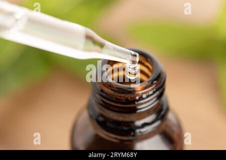 Chiudere una pipetta con una goccia di olio essenziale di erbe Foto Stock
