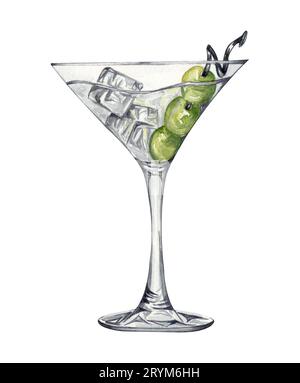 Illustrazione ad acquerello disegnata a mano. Martini nel bicchiere con olive verdi. Alcool isolato Foto Stock