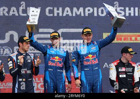 Los Angeles, Chili. 1 ottobre 2023. 08 Ott TANAK (EST), Martin JARVEOJA (EST), M-SPORT FORD WORLD RALLY TEAM, FORD Puma Rally1 Hybrid, WRC, podio, ritratto, vincitori durante il Rally Cile 2023, undicesimo round del WRC World Rally Car Championship 2023, dal 28 settembre al 1 ottobre 2023 a Los Angeles, Cile - foto Sophie Graillon/DPPI Credit: DPPI Media/Alamy Live News Foto Stock