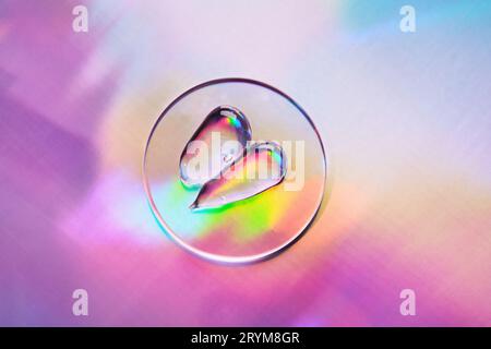 Campione di gel beauty in piastra Petri su sfondo olografico. Gel cosmetico trasparente Swatch con riflessi iridescenti Foto Stock
