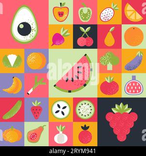 Ripetizione geometrica astratta. Frutta e verdura in stile Bauhaus. Illustrazione Vettoriale