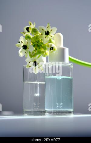 Due bottiglie con contagocce con fiori primaverili. Foto Stock
