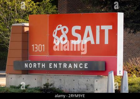 Calgary, Alberta, Canada. 12 maggio 2023. Un cartello SAIT Collage, Southern Alberta Institute of Technology. Foto Stock