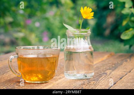 Fiore di Calendula con gambo nel vaso di vetro e una tazza di tè verde. Foto Stock