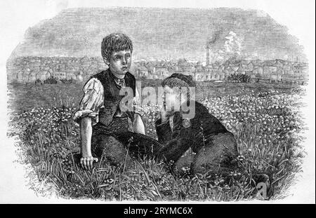 Incisione di due ragazzi in un campo che si affaccia su una città industriale intorno al 1880 Foto Stock