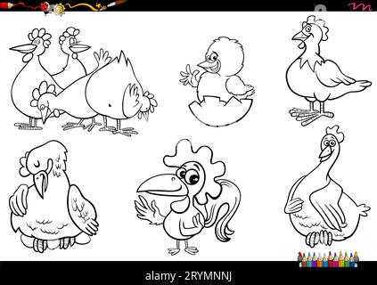 Cartoni animati in bianco e nero illustrazione di caratteri animali di allevamento di pollo impostare la pagina da colorare Foto Stock