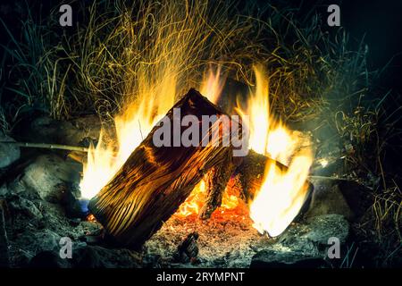 Splendido falò con scintille volanti. Grande incendio di legna da ardere in buio Foto Stock