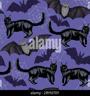 Motivo Halloween senza cuciture con elementi colorati disegnati a mano i stile di incisione retrò. Illustrazione Vettoriale