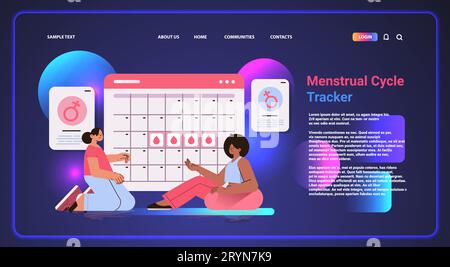 donna che controlla il suo periodo di calendario mestruale mese di sangue salute femminile e concetto di assistenza sanitaria spazio copia orizzontale Illustrazione Vettoriale