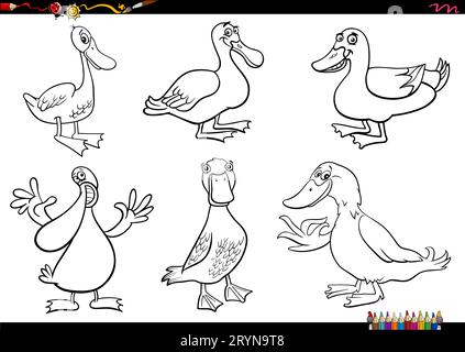 Cartoni animati in bianco e nero illustrazione di anatre animali fattoria caratteri impostare la pagina da colorare Foto Stock