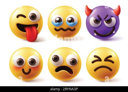 Caratteri emoji impostati vettore. Emoticon personaggio di emoji con espressioni di umore cattivo, felice, piangente, malvagia arrabbiata e blush in sfondo bianco. Illustrazione Vettoriale
