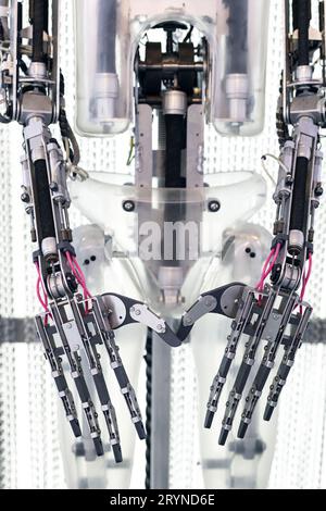 Braccio del robot a cinque dita e mani ravvicinate. Tecnologia robotica Foto Stock