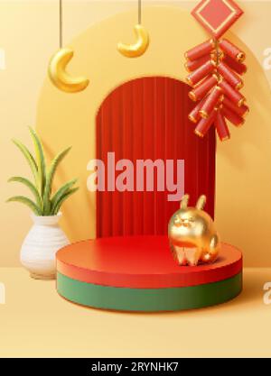 2023 sfondo di presentazione di Capodanno con un podio rotondo davanti a uno schermo ad arco e un coniglio dorato Illustrazione Vettoriale