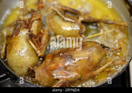 Friggere e arrostire i piccioni farciti con riso bianco o mahshi Hamam, bolliti fino alla cottura, quindi arrostiti, fritti in olio caldo o grigliati, piccioni ripieni Foto Stock
