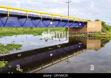 Nuovo ponte in acciaio della Transpantaneira che attraversa un fiume nelle paludi del Pantanal settentrionale, Mato grosso Foto Stock