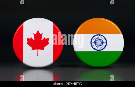 India e Canada Bandiere una accanto all'altra che mostrano competizione. Sfondo nero. Illustrazione 3D con contrassegni arrotondati. Foto Stock