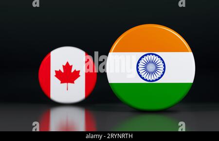 India e Canada Bandiere una accanto all'altra che mostrano competizione. Sfondo nero. Illustrazione 3D con contrassegni arrotondati. Foto Stock