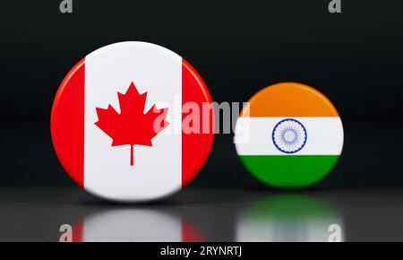 India e Canada Bandiere una accanto all'altra che mostrano competizione. Sfondo nero. Illustrazione 3D con contrassegni arrotondati. Foto Stock