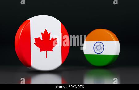 India e Canada Bandiere una accanto all'altra che mostrano competizione. Sfondo nero. Illustrazione 3D con contrassegni arrotondati. Foto Stock