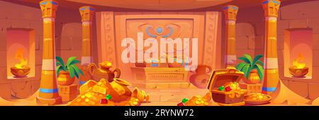 Tomba del faraone egiziano con colonne e mummia in sarcofago su stativo di pietra, mucchio di monete d'oro e tesori, antichi vasi e piante. Illustrazione vettoriale dei cartoni animati dell'interno della piramide egiziana. Illustrazione Vettoriale