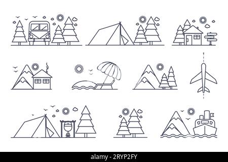 Set di semplici icone di viaggio. Vacanze a piedi in montagna e resort nella collezione di icone della natura. Illustrazioni delle linee vettoriali Illustrazione Vettoriale