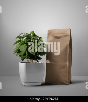 Mockup di confezioni di caffè in carta kraft. Un modello di sacchetto accanto a un albero di arabica in vaso. Confezione vuota con zip per design, stampa, motivo, branding. Foto Stock