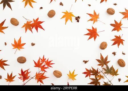 Cornice autunnale con foglie di acero autunnale e noce su sfondo bianco. Base piatta, vista dall'alto. Concetto del giorno del Ringraziamento. Foto Stock