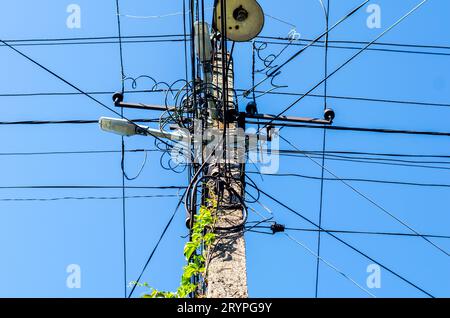 Asta con cavi elettrici e illuminazione stradale con foglie verdi su sfondo blu Foto Stock