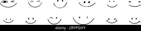 Collezione di volti dei cartoni animati espressioni come Happy and Funny. occhi e bocche stile doodle, prodotti per bambini. Le icone sorridono le facce. Illustrazione vettoriale piatta Illustrazione Vettoriale