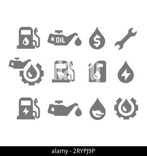 Set di icone vettori benzina, gas e olio motore. Benzina, icone delle stazioni di servizio. Illustrazione Vettoriale