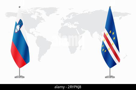 Slovenia e Capo Verde bandiere per riunioni ufficiali sullo sfondo della mappa mondiale. Illustrazione Vettoriale