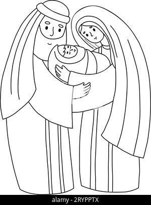 Sacra famiglia di Natale. Vergine Maria, san Giuseppe e Gesù bambino. Nascita di Cristo Salvatore. Illustrazione vettoriale. Delineare il disegno a mano del doodle per la vacanza di Natale Illustrazione Vettoriale