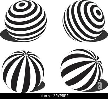 Sfere a strisce. sfera 3d. Set di sfere e sfere su sfondo bianco con un'ombra. Illustrazione vettoriale. Sfera o sfera, forme Illustrazione Vettoriale